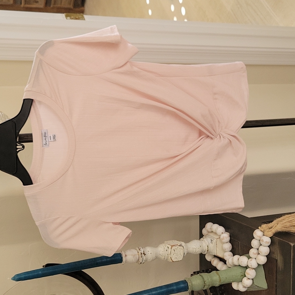 Love,fire pink shimmering knot waist medium top.  Short sleeve